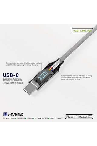 100w 5a Pd Şarj Kablosu 200 Cm Led Güç Göstergeli Hızlı Şarj Ve Data Kablosu 480mps Type-c To Type-c Pd 3.0 Pps