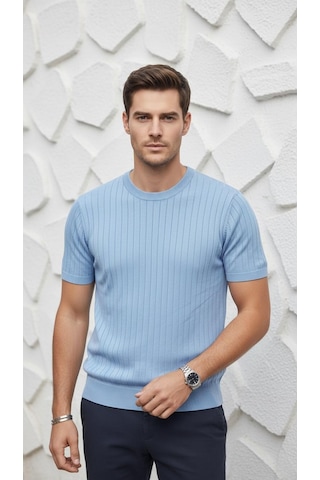 Plus Scorpion Erkek Slim Fit Triko Tişört Bisiklet Yaka Çizgili Modern Şık Tasarım Mavi
