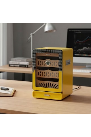 Elektronik Nemlendiricili Camlı 4 Çekmeceli Puro Kutusu Humidor Sarı
