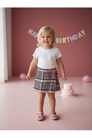 Zekids Kız Bebek Kazayağı Desenli Şort Etek-16541 Pembe