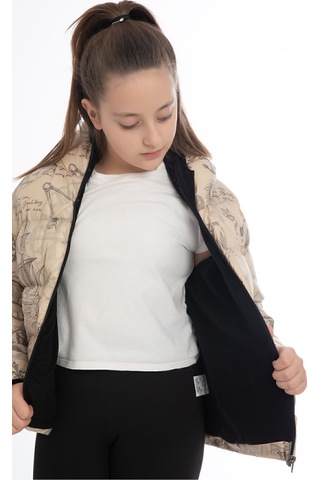 Kız Çocuk Bej Pusula Desen İçi Polar Su Ve Rüzgar Geçirmez Kapüşonlu Cepli Şişme Kışlık Mont Bej