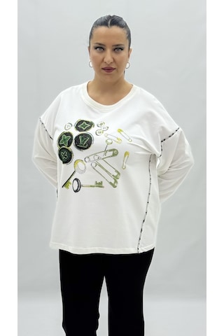 Büyük Beden Pamuklu Taşlı Uzun Kol Oversize Kadın Sweat Beyaz