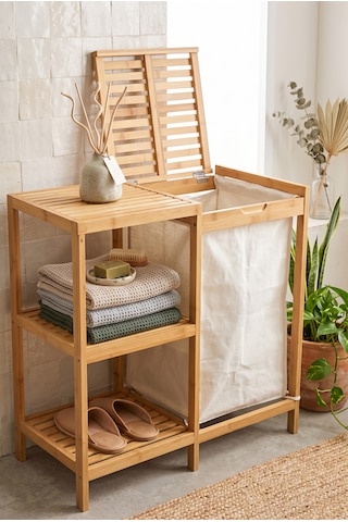 Bambu 3 Raflı Kirli Çamaşır Sepeti Kapaklı & Kumaş Torbalı Doğal Ahşap Banyo Düzenleyici Bej