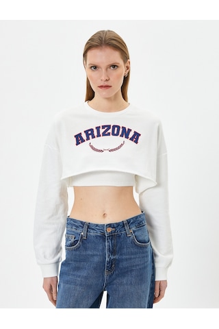 Koton Crop Sweatshirt Baskılı Bisiklet Yaka Uzun Kollu Beyaz 4sak10275ek Beyaz