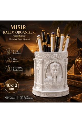 Antik Mısır Temalı Dekoratif Kalemlik Organizer Antik Mısır Tasarımlı Masaüstü Kalem Düzenleyici 10x10 Cm Beyaz