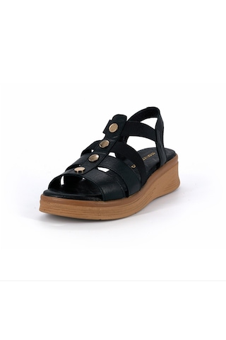 Mammamia D26ys-2820 Siyah Hakiki Deri Lastikli Kısa Dolgu Topuklu 5cm Kadın Sandalet