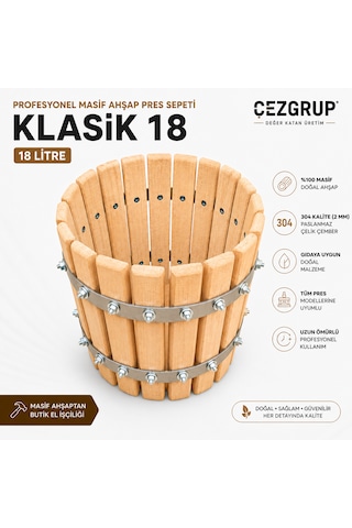 Çezgrup 18 L Masif Ahşap Pres Sepeti 304 Paslanmaz Çelik Çemberli Üzüm Sıkma Presi Uyumlu
