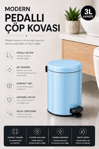 Sas Haus Pedallı Çöp Kovası 3 Litre İç Kovalı Kapaklı Banyo Çöp Kutusu Bebek Mavisi - Elit 7003 Mavi