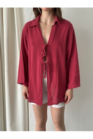 Laluvia Bordo %100 Keten Bağcık Detaylı Kimono Bluz - 5218 Bordo