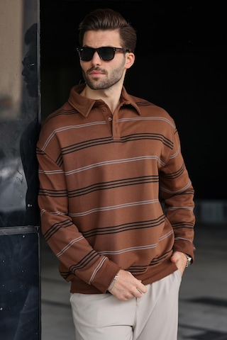 Madmext Kahverengi Çizgili Polo Yaka Erkek Sweatshirt E7172 Kahverengi