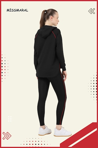 Kadın Eşofman Takım Siyah Üst Tunik & Siyah Regular Fit Lycralı Tayt Dalgıç Kumaş Aktif Spor 3060 Siyah Kırmızı Şeritli