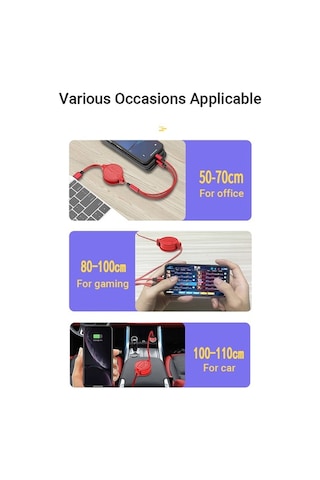 Sandwich Kırmızı 3.6ft Genişletilebilir 3 Cihazlı Şarj Kablosu Lightning Type-c Micro Usb 2a Hızlı Şarj