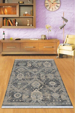 Antrasit Vintage Dokuma Pamuk Taban Kaymaz Kilim Klm276n11