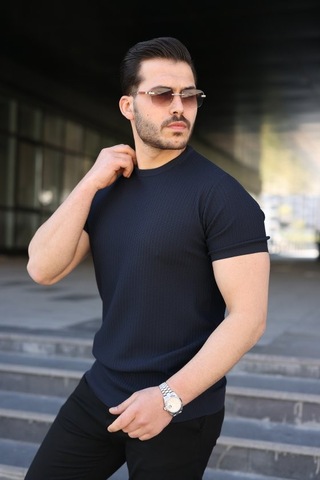 Veraura Lifestyle Erkek Bisiklet Yaka Petek Dokulu Kısa Kollu Triko Tişört Lacivert