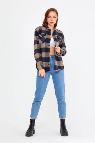 Tarz Cool Kadın Kahverengi-siyah Slim Fit Cepli Ekoseli Oduncu Gömlek-kkkodg001r04s Kahverengi-siyah