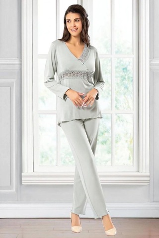 Faal 8614 Kadın Uzun Kollu Dantel Detaylı V Yaka Pijama Takımı-gri Gri