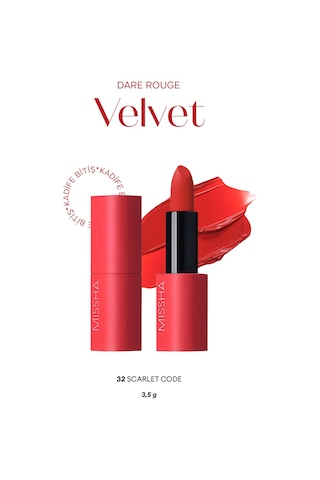 Missha Dare Rouge Velvet Yoğun Pigmentli Blur Etkili Nemli Kadife Bitişli Ruj 32 Scarlet Code