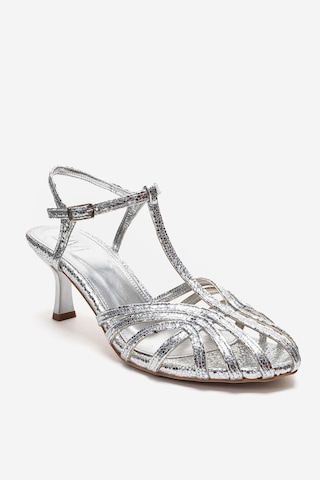 Luvishoes Felip Gümüş Desenli Bantlı Kadın Kısa Topuklu Ayakkabı Gümüş