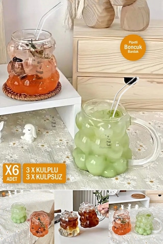 6lı Üzümlü Boncuk Bardak Pipetli Cam 350 Ml Kulplu Kulpsuz Meşrubat Su Kahve Sunum Kokteyl Bardağı Şeffaf