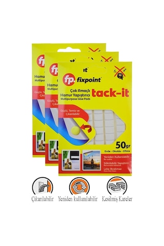Hamur Yapıştırıcı Tack-it 50gr 3 Paket Fixpoint 65 Parça Macun Sakız Yapıştırıcı Takıt Çerçeve Afiş Duvar İz Bırakmaz