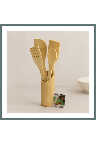 Ventra Ahşap Bambu Mutfak Servis Seti 5 Parça Kaşık, Çatal, 2 Spatula, Stand 27.5/30 Cm Ventra