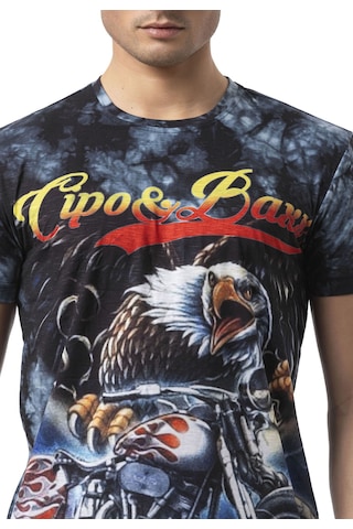 Cipo & Baxx Erkek Grafik Baskılı Tişört Vintage Motosiklet Temalı Bisiklet Yaka Casual Pamuklu Erkek Tişört Ct821 Mavi