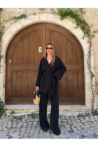 Laluvia Siyah Tek Düğmeli Kuşaklı Kimono Takım - 007
