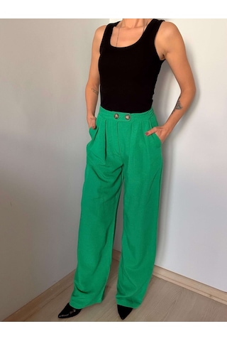 Ali Butik Yeşil Çift Pileli Keten Pantolon Yeşil
