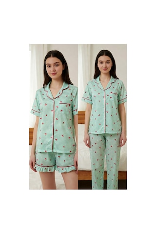 Mh Moony Homewears Mint Picnic 3'lü Pamuklu Pijama Takımı Mint Yeşil