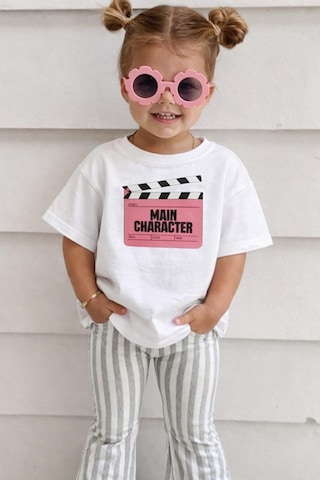 Monila Unisex Çocuk Pamuklu Bisiklet Yaka Baskılı T-shirt Beyaz - Pembe