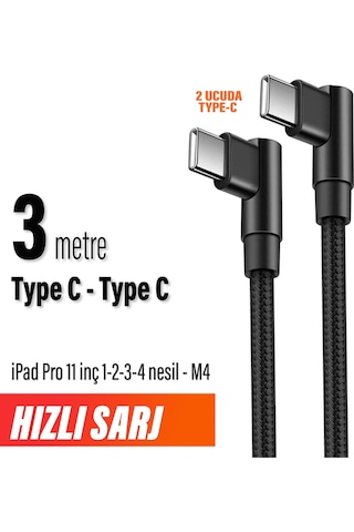 Apple Uyumlu iPad Pro 11 İnç 1-2-3-4 Nesil M4 Şarj Kablosu Uzun 3 M Typec To Typec Hızlı Şarj Kablosu