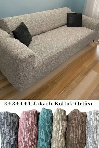 StartMall Jakarlı Çubuk Desen Koltuk Örtüsü 3+3+1+1 Takımı Lastikli Esnek Yıkanabilir Çekyat Kanepe Kılıfı Kahve