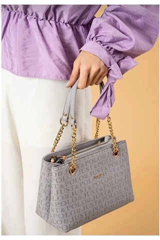 Just Polo Orijinal Kadın 3 Bölmeli Zincir Detaylı Ayarlanabilir Askılı Lüks El & Omuz Çantası Shoulder Bag Gri
