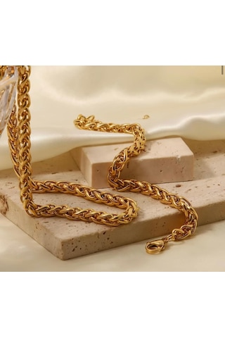 Gold Renk Spiga Model Kalın Burgu Çelik Kolye Ve Bileklik Set 4mm Altın