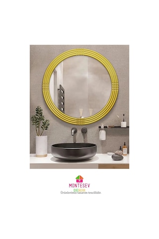 Safir Gold Dekoratif Ayna Yuvarlak Işlemeli Duvar Aynası 43 Cm Altın