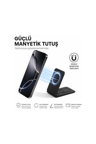 Magsafe Cüzdan Kartlık Güçlü Manyetik Standlı Telefon Kartlığı İphone Uyumlu Deri Cüzdan Siyah