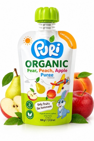 Organic %100 Organik Meyve Püresi Armut - Şeftali Elma 100 G İlave Şekersiz
