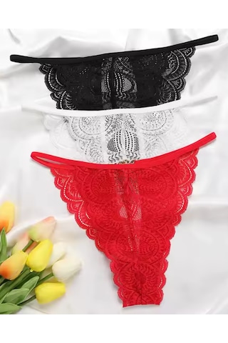Roberto Bacio Kadın 3'lü Dantel String - Tanga Bc0041 Siyah - Kırmızı - Beyaz