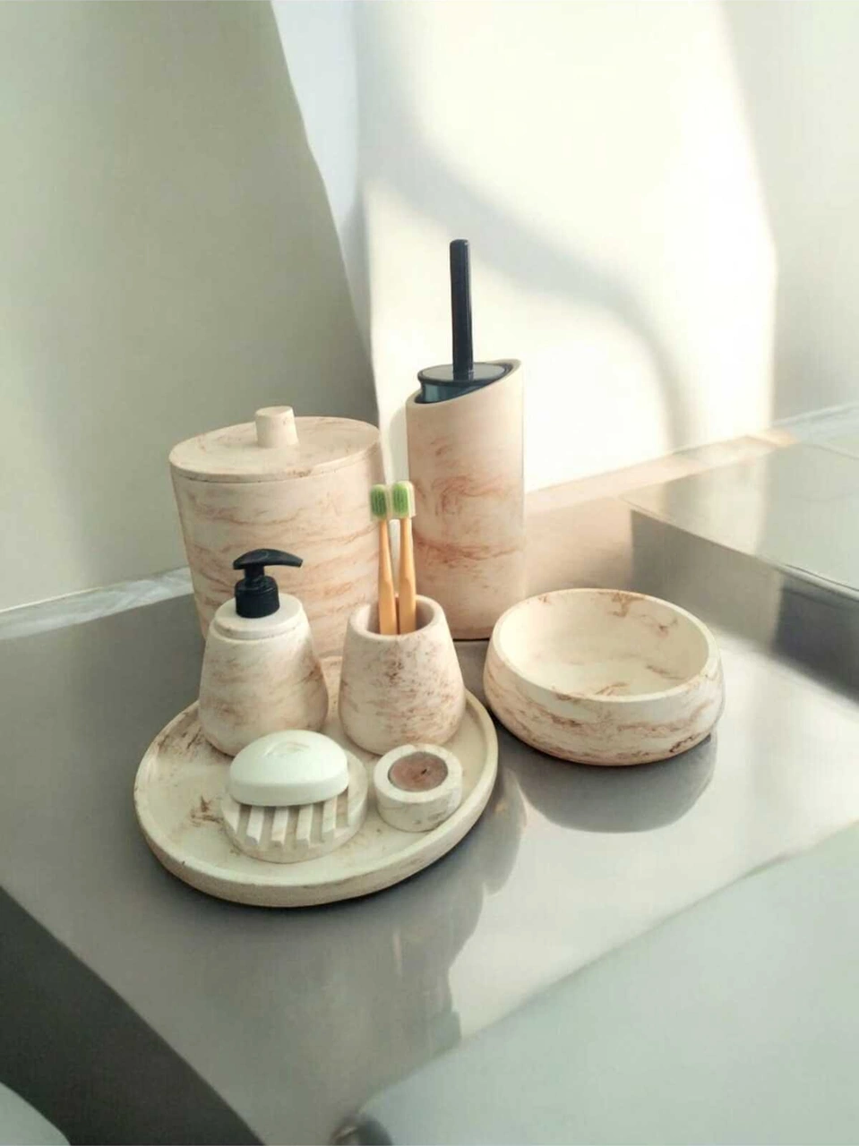 Mermer Desen Beton Banyo Seti,tuvalet Wc,çöp Kovası,katı,sıvı Sabunluk,tepsi,dekorasyon,aksesuar Bej