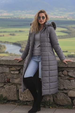 Günlük Kışlık Tam Boy Şişme Kadın Tesettür Mont Gri