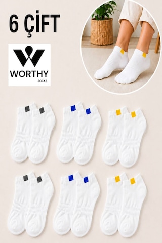 Worthy Socks 6'lı Unisex Lastik Kare Desenli Beyaz Patik Bilek Çorap Seti