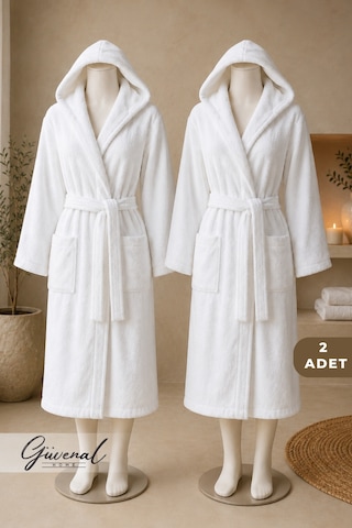 Blanc 2 Adet Kapüşonlu Pamuklu Unisex Bornoz Otel Bornozu Erkek Havlu Bornoz Kadın Havlu Bornoz Sauna Bornoz Sabahlık 2'li Kapüşonlu Beyaz