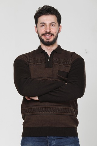 Kzc Tekstil Erkek Baba Orta Yaş Ve Üzeri Triko Örgü Akrilik Kışlık Regular Fit Cepli Fermuarlı Polo Yaka Kazak Kahverengi