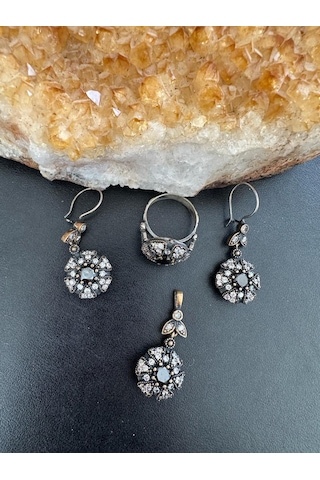 Aysesa Otantik Zirkon Oniks Taşlı Kadın Gümüş Set 2küpe+kolye+yüzük