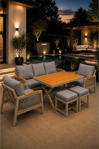 Garden Balkon Takımı, Cappiccino Bahçe Takımı 5+1 Masa 70x110 3lü Koltuk 70x180 Tekli Koltuk 70x70 2 Adet Puf Gri