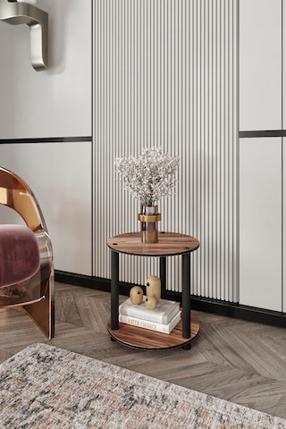 2 Katlı Dekoratif Yuvarlak Kitaplık Ceviz Ceviz