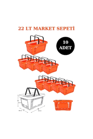 10 adet 22Litre Market ve Alışveriş Sepeti, Saplı Market Sepeti T