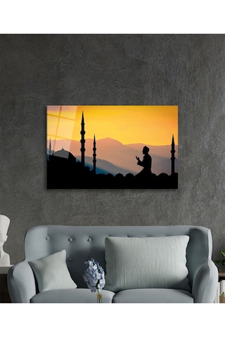Camide İbadet Ve Dua Eden İnsan Cam Tablo, Darbelere Dayanıklı Kırılmaz Temperli