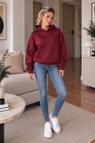 Lima Bordo Kadın Kapüşonlu Oversize Sweatshirt Kanguru Cepli Düz Renk Uzun Kollu Sweat