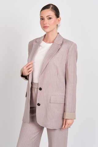 Ayhan Kadın Çizgili Düğmeli Keten Ceket 0860 Kahverengi Kahverengi